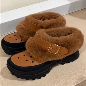 Stella McCartney Trace Clog Tan and Black Fur Clogs